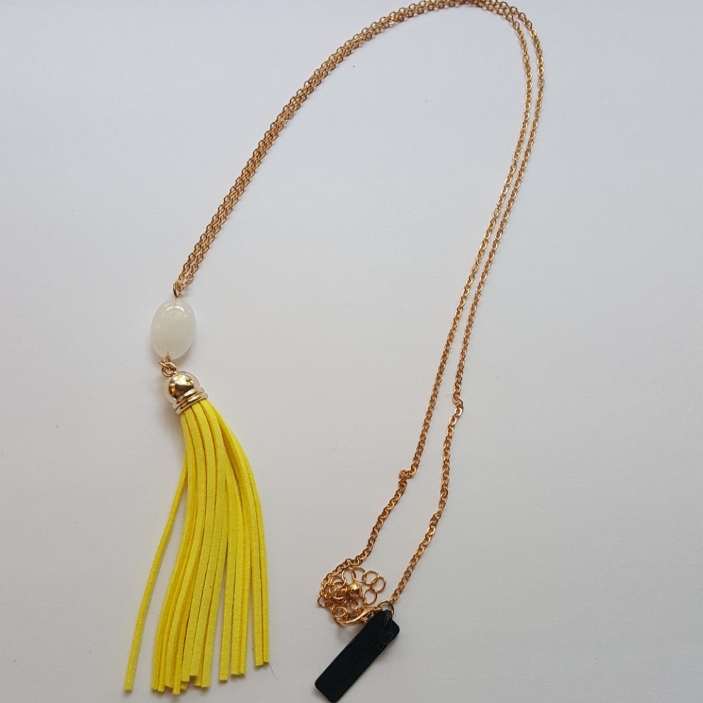 Yellow leather tassel and stone necklace